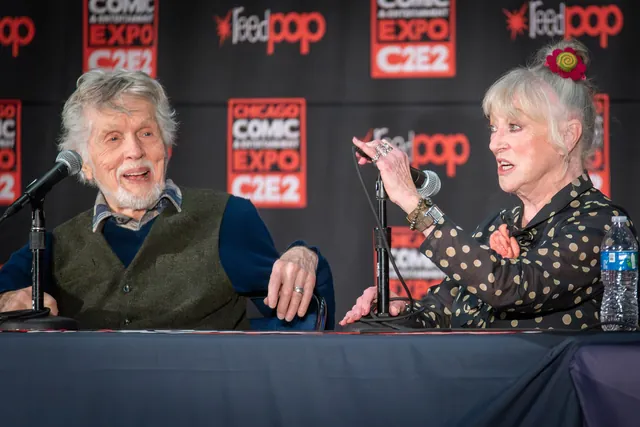 Tom Skerritt and Veronica Cartwright side by side at a panel table in 2024